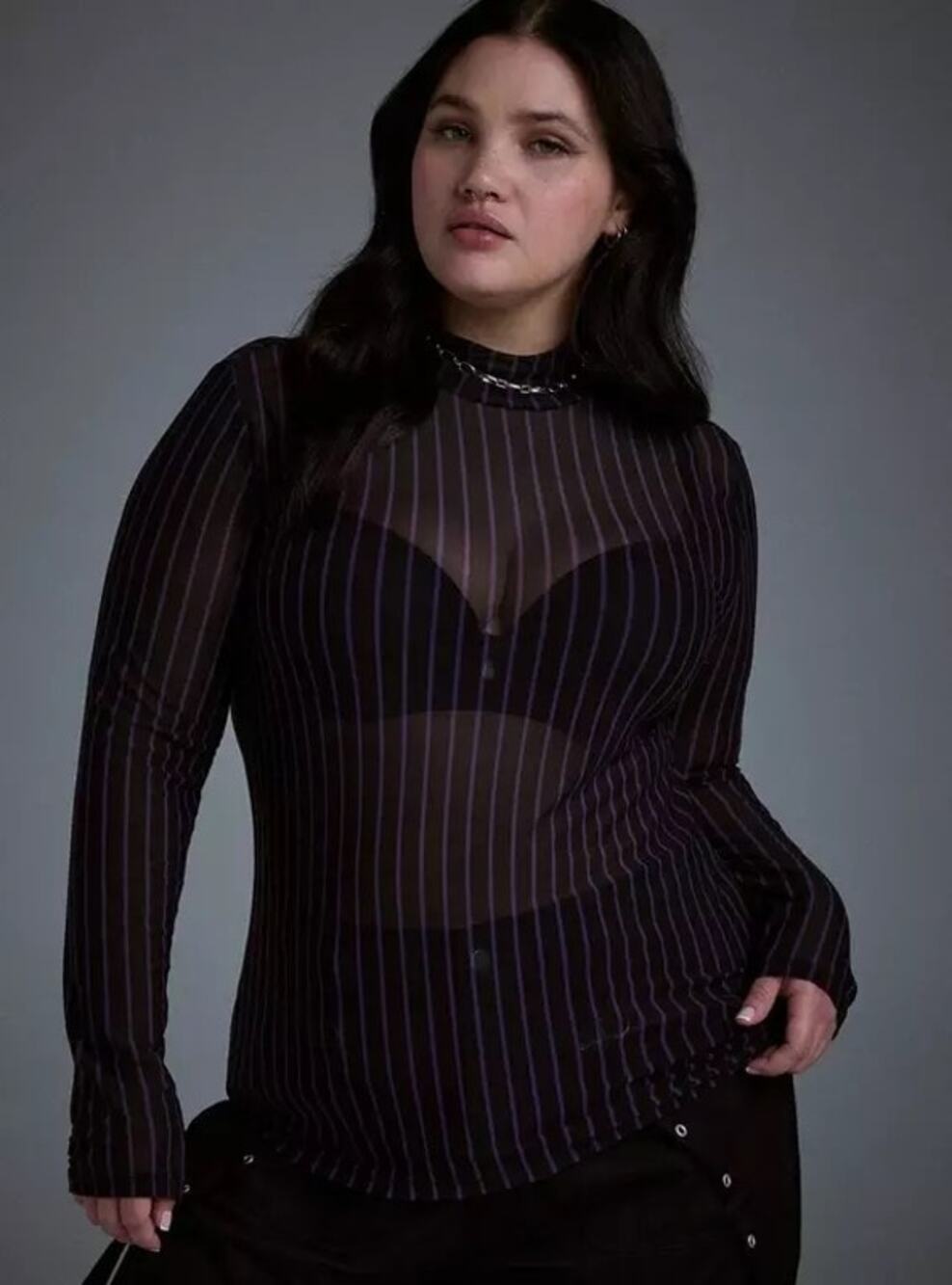 Nightfall Torrid Mesh Sheer Mock Neck Shirt Beatrix Stripe Black Purple NEW 2X